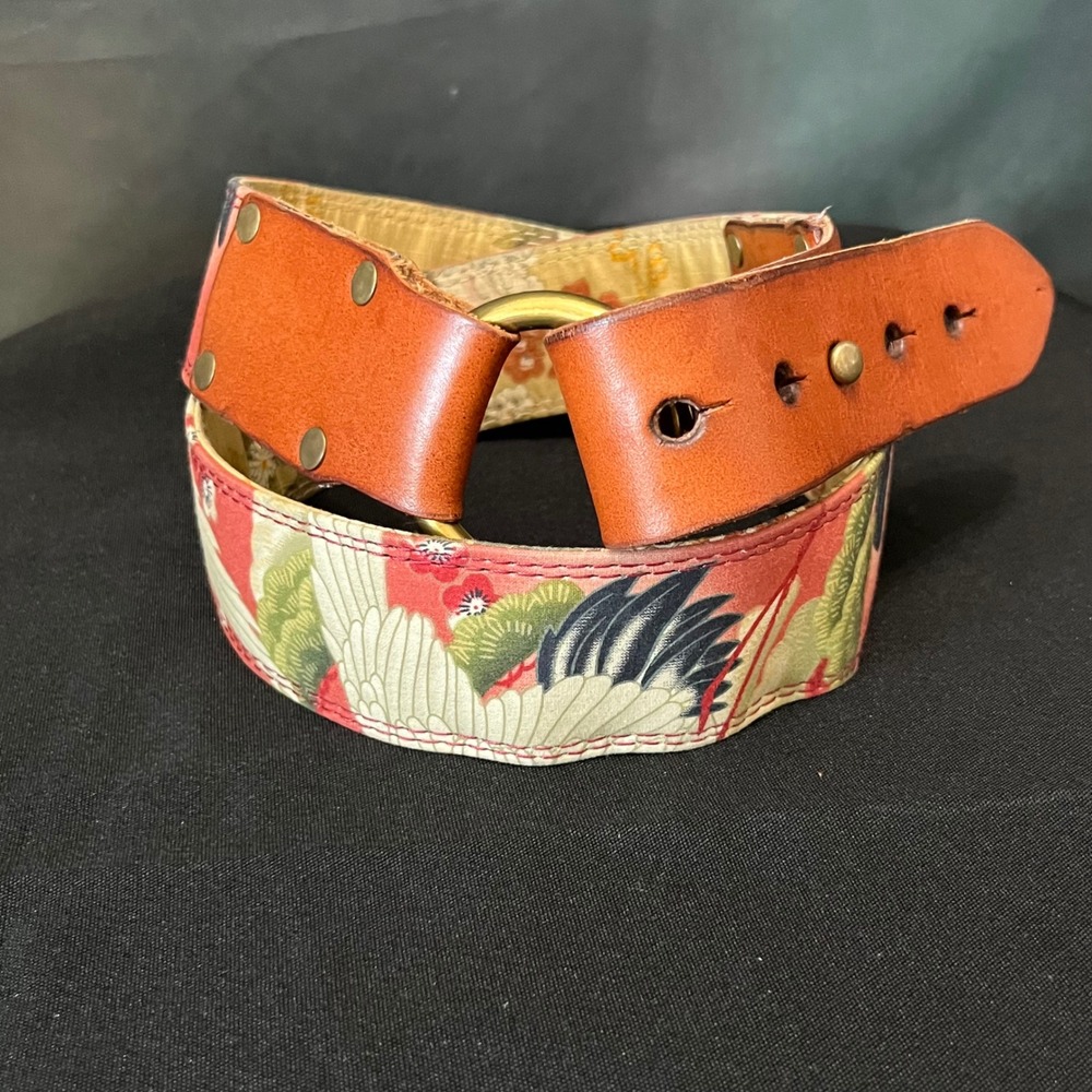 Y2K Lucky Brand Crane Floral Wide Belt Boho Art Wear Leather O Ring Size 32